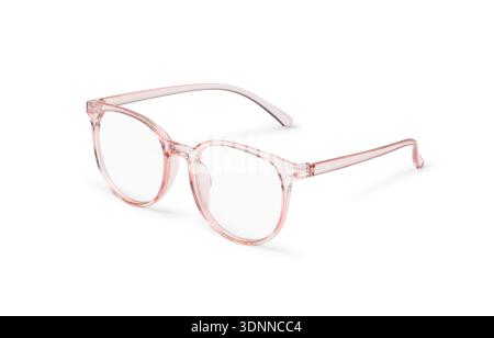 Moderne Brille in klarem Pink mit rundem Rahmen zur Korrektur des Sehvermögens. Trendiges Brillenaccessoire für Damen und Jugendliche, isoliert auf weißem Hintergrund. Elega Stockfoto