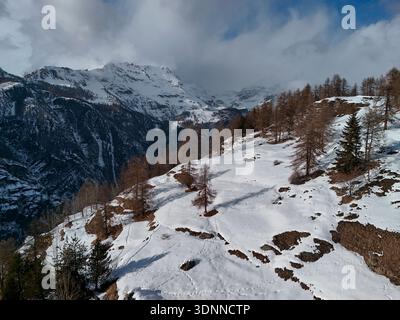 Viele Hirschspuren auf dem Schnee im Bergdorf Chamois aus der Vogelperspektive im Winter Stockfoto
