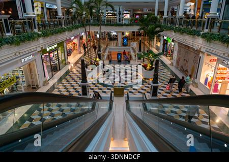 Weitwinkelaufnahme von einer Rolltreppe mit Blick auf ein großes Einkaufszentrum mit karierten Böden, Palmen und Luxusgeschäften. Moderner Einzelhandel Stockfoto