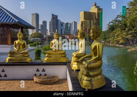 Nahaufnahme der Buddha-Statuen im Seema Malaka Tempel, Colombo, Sri Lanka. Stockfoto