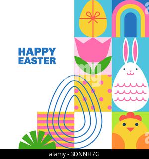 Frohe Ostern Vektor-quadratischer Hintergrund mit Kopierraum. Flache geometrische Illustration mit bunten Eiern, Häschen, Kaninchen und Frühlingsblumen auf Farbblock Stock Vektor