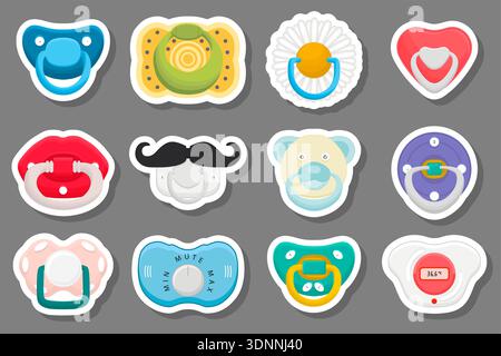 Illustration zum Thema großes farbiges Set Babyschnuller, Dummy mit Gumminippel, Babyschnuller bestehend aus Sammlung für Neugeborene, guter Dummy Sauger, Stock Vektor