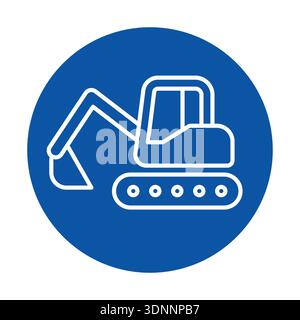 Dieser minimalistische Bagger-Icon verfügt über eine klare weiße Umrandung auf einem leuchtend blauen Hintergrund und ist somit ideal für baubezogene Projekte und Mate Stock Vektor