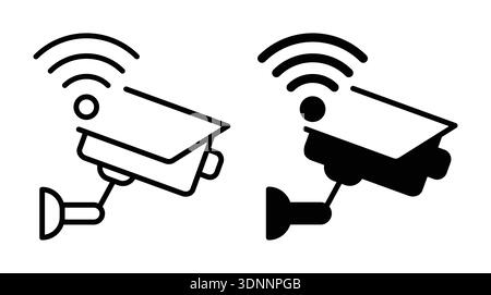 Ein vielseitiger Satz von Monochrom-Sicherheitskamerasymbolen mit Wi-Fi-Signalen. Ideal für den Einsatz in Technologie-, Sicherheits- oder Überwachungsprojekten. Stock Vektor