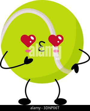 Lebendiger Emoji-Aufkleber mit lebhaftem Tennisball mit winzigen Armen und roten Wangen Stock Vektor