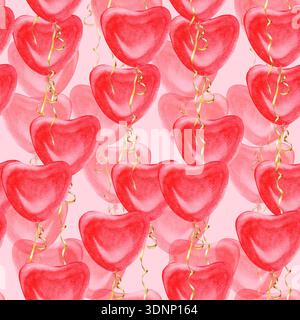 Nahtloses Aquarellmuster mit roten Herzballons und goldenen Bändern auf rosa Hintergrund. Helle Babytapete, Babydusche oder romantisch Stockfoto