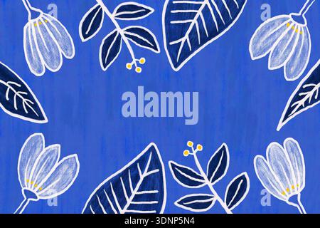 Eine fesselnde botanische Illustration mit weißen Blumen und Blättern auf einem leuchtend blauen Hintergrund. Das zarte Blumendesign zeigt komplizierte de Stockfoto