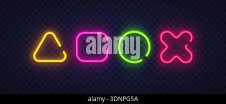 Leuchtende Neonsymbole, darunter Dreieck, Quadrat, Kreis und Kreuz. Modernes Cyber-Design, ideal für Spieloberflächen, technisches Branding oder Stock Vektor