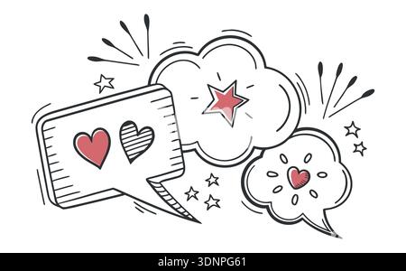 Verspielte, handgezeichnete Comic-Sprache sprudelt mit Herzen und Sternen. Ausdrucksstarke Doodle-Illustration, die Liebe, Chat und Kommunikation darstellt, perfekt für. Stock Vektor