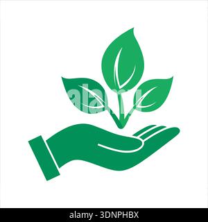 Grüne Hand, die einen kleinen Pflanzenspross mit drei Blättern hält, symbolisiert Wachstum, Natur, Umweltschutz, Nachhaltigkeit, umweltfreundlich. Stock Vektor