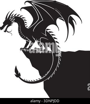 Kraftvolle schwarze Drachen-Silhouette mit detaillierten Flügeln auf einer zerklüfteten Felsklippe, die Fantasie, Stärke und mythische Abenteuer wecken. Detailliert. Stock Vektor