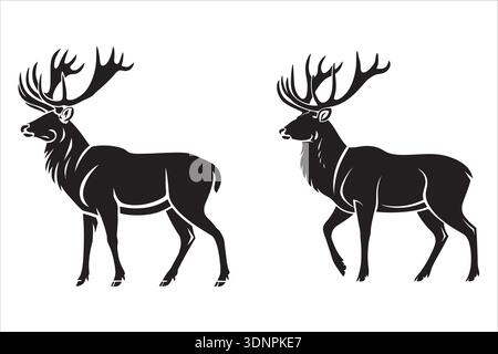 Majestätische Silhouetten mit schwarzem Hirsch und Wanderhirsch mit großem Geweih auf einem sauberen weißen Hintergrund, ideal für Wildtiere, Natur, Jagd oder elegant. Stock Vektor