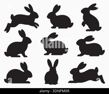Verschiedene Silhouetten aus schwarzem Hasen mit verschiedenen dynamischen Posen, perfekt für Ostern, Tierwelt und Naturmotive. Vektor. Stock Vektor