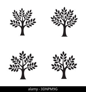 Vier minimalistische schwarze Baumsilhouetten auf einem sauberen weißen Hintergrund, ideal für naturbelassenes Grafikdesign, Logos, Symbole, Umweltkonzepte und. Stock Vektor