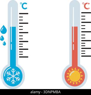 Zwei Thermometer, die heiße und kalte Temperaturen mit Sonne- und Schneeflockensymbolen veranschaulichen. Visuell werden extreme Wetterbedingungen, Klimawandel und dargestellt. Stock Vektor