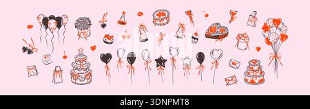 Set aus viktorianischen, skurrilen Happy Birthday-Elementen im Coquette-Stil. Kritzelzeichnung. Französischer, italienischer, romantischer, mädchenhafter Bachel Stock Vektor