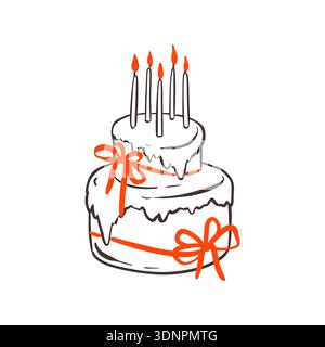 Doodle Happy Birthday Torte mit Kerzen und skurrilen Kokettschleifen. Filigrane feminine Zeichnung mit Stiften im antiken viktorianischen Stil Stock Vektor