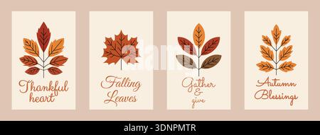 Set aus vier herbstlichen Vektorillustrationen mit bunten Herbstblättern und herzlichen Dankesworten: „Dankbares Herz“, „fallende Blätter“, „Geben. Stock Vektor