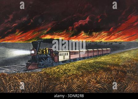 Diese dramatische Lithografie von 1888, wahrscheinlich von Currier & Ives, zeigt eine Dampflokomotive und ihre Wagen, die vor einem wütenden Präriebeuer im amerikanischen Westen fliehen. Der Scheinwerfer des Zuges durchschneidet den dunklen, rauchgefüllten Himmel, während eine Büffelherde in der Ferne streut und die Gefahr und Majestät der wilden Grenze unterstreicht. Stockfoto