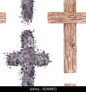 Nahtloses Aquarellmuster mit Holzkreuzen und Aschekreuzen auf weißem Hintergrund. Handgemalte religiöse Wiederholung passend für Fastenzeit, Kirche Stockfoto