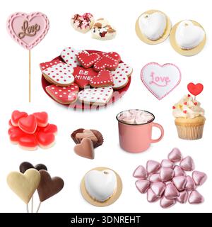 Herzförmige Süßigkeiten am Valentinstag isoliert auf weiß, Set Stockfoto