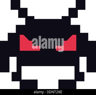 Pixel Art Alien Face mit dunklen Blöcken und roten Augen im Retro-Arcade-Stil Stock Vektor