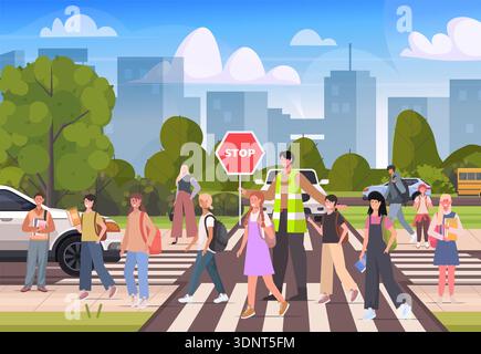 Ein Mann in einer reflektierenden Weste hält ein Stoppschild, während eine Gruppe von Kindern die Straße an einem Quersteg überquert. Ein Arbeiter regelt den Verkehr. Vektor nicht AI-Gen Stockfoto