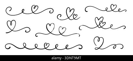 Liebes-Set mit Herzlinie. Herzlinie Umriss Swirl Band Kalligraphie Hand gezeichnet Element Design Hochzeit grafischer Vektor. Romantische Doodle Pinsel blüht elegante Borten Liebesformen. Vektorabbildung Stock Vektor