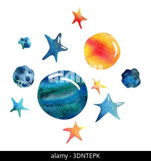 Aquarellillustration von bunten Planeten und Sternen auf weißem Hintergrund, die ein skurriles und künstlerisches Weltraumthema darstellt Stockfoto