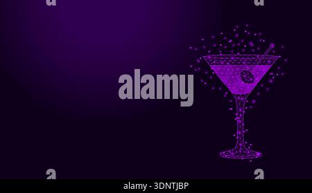 Flaches Poly Drahtmodell Martini Cocktailglas mit Oliven auf dunklem lila Hintergrund. Stock Vektor
