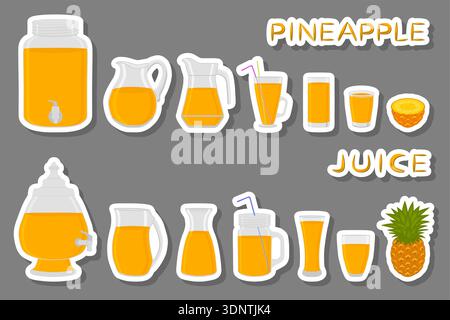 Illustration zum Thema Big Kit verschiedene Arten Glaswaren, Ananaskannen verschiedene Größen, Glaswaren bestehend aus organischen Plastikkannen für flüssige Ananas Stock Vektor