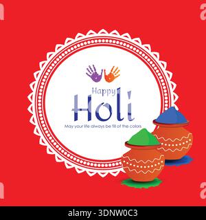 Grußkarte zum Happy Holi Festival mit farbenfrohem Puderspritzer und traditionellem indischem Design Stock Vektor