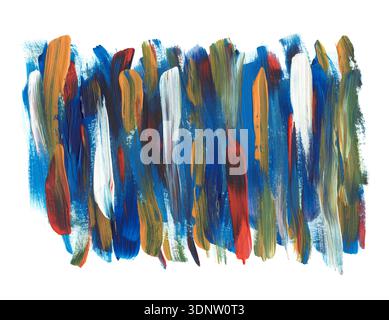 Künstlerische Abstrichmalerei aus Acryl. Farbenfrohe moderne Acrylkunst, abstrakte handgemalte Striche auf Leinwand. Blaue, gelbe, rote, braune Farben. Kunst für Stockfoto