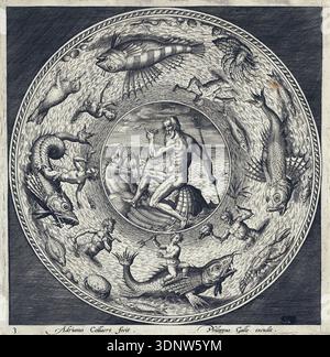 Dieser antike Stich aus dem späten 16. Oder frühen 17. Jahrhundert, der von Adriaen Collaert erstellt und von Philips Galle herausgegeben wurde, zeigt ein kreisförmiges Design mit Neptun in der Mitte, das in einer von Seepferden gezogenen Muschel reitet. Das Medaillon ist von einer reichen Grenze verschiedener Meeresungeheuer, Fische und Meermänner umgeben. Stockfoto