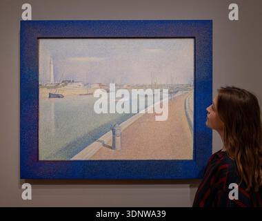 Die Courtauld Gallery, London, Großbritannien. Februar 2026. Seurat and the Sea (13. Februar bis 17. Mai) ist die erste Ausstellung, die den Meereslandschaften des Pointillisten Georges Seurat gewidmet ist. Durch das wiederkehrende Motiv des Meeres, das zum ersten Mal eine große Gruppe von 26 Gemälden, Ölskizzen und Zeichnungen vereint, die auf fünf Sommerreisen an die Nordküste Frankreichs zwischen 1885 und 1890 entstanden sind. Höhepunkte sind: Georges Seurat (1859-1891), The Channel at Gravelines, Abend, 1890. Das Museum of Modern Art, New York. Quelle: Malcolm Park/Alamy Live News Stockfoto