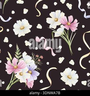 Handgezeichnete Brautsträuße mit Bändern und kleinen weißen Feldblumen nahtloses Aquarellmuster auf dunkelschwarzem. COSMOS Wildblumen wiederholen Hintergrund Stockfoto