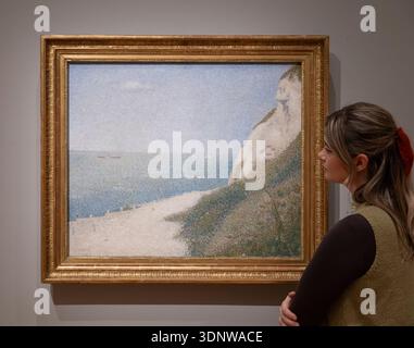 Die Courtauld Gallery, London, Großbritannien. Februar 2026. Seurat and the Sea (13. Februar bis 17. Mai) ist die erste Ausstellung, die den Meereslandschaften des Pointillisten Georges Seurat gewidmet ist. Durch das wiederkehrende Motiv des Meeres, das zum ersten Mal eine große Gruppe von 26 Gemälden, Ölskizzen und Zeichnungen vereint, die auf fünf Sommerreisen an die Nordküste Frankreichs zwischen 1885 und 1890 entstanden sind. Zu den Höhepunkten gehören: Georges Seurat (1859-1891), Beach at Bas Butin, Honfleur, 1886. Collection du Musée des Beaux-Arts de la Ville de Tournai. Quelle: Malcolm Park/Alamy Live News Stockfoto