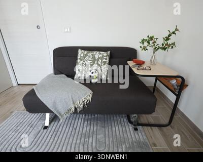 Kompaktes schwarzes ausklappbares Schlafsofa mit Überwurf und Kissen sowie Beistelltisch. Möbel für kleines Wohnzimmer. Helle Wände, grauer Teppich. Stockfoto