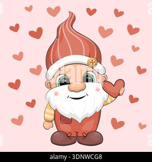 Niedlicher Zeichentrickfilm Gnome mit Herz. Vektor-Illustration des Zwergmannes auf rosa Hintergrund mit roten Herzen. Stock Vektor
