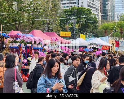 Februar 2026: Hongkong, China: Ein hyperrealistisches Foto fängt die lebendige Energie der Mondfestlichkeiten in einem geschäftigen Hongkonger Markt ein Stockfoto