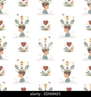 Seelische Gesundheit Nahtloses Muster. Boy Kid Head mit Glühbirne, Blumen, Herz, Schmetterlingen und Wolken auf weißem Hintergrund. Harmonie, Selbstpflege, Unterstützung A Stock Vektor