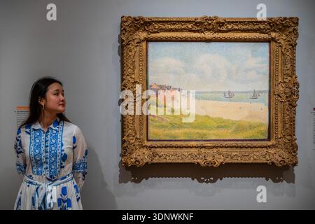 London, Großbritannien. Februar 2026. Le Crotoy, flussabwärts, 1889 - The Griffin Catalyst Exhibition: Seurat und das Meer am Courtauld. Es ist die erste Ausstellung, die den Meereslandschaften des neo-impressionistischen Malers Georges Seurat gewidmet ist. Es vereint 25 Gemälde, Ölskizzen und Zeichnungen, die Seurat während der fünf Sommer, die er an der Nordküste Frankreichs zwischen 1885 und 1890 verbrachte, schuf. Arbeiten in Hafenstädten am Ärmelkanal. Die Eröffnung erfolgt am 13. Februar 2026. Guy Bell/Alamy Live News Stockfoto