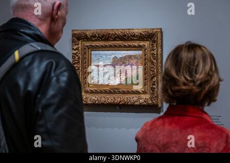 London, Großbritannien. Februar 2026. Le Mouillage à Grandcamp, 1885 - die Greifkatalyst-Ausstellung: Seurat und das Meer am Courtauld. Es ist die erste Ausstellung, die den Meereslandschaften des neo-impressionistischen Malers Georges Seurat gewidmet ist. Es vereint 25 Gemälde, Ölskizzen und Zeichnungen, die Seurat während der fünf Sommer, die er an der Nordküste Frankreichs zwischen 1885 und 1890 verbrachte, schuf. Arbeiten in Hafenstädten am Ärmelkanal. Die Eröffnung erfolgt am 13. Februar 2026. Guy Bell/Alamy Live News Stockfoto
