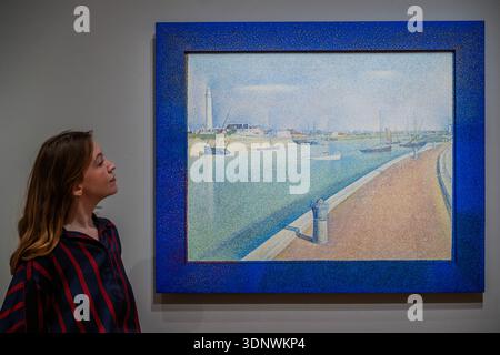 London, Großbritannien. Februar 2026. The Channel at Gravelines, Petit-Fort Philippe, 1890 vom Indianapolis Museum of Art in Newfields - The Griffin Catalyst Exhibition: Seurat and the Sea at the Courtauld. Es ist die erste Ausstellung, die den Meereslandschaften des neo-impressionistischen Malers Georges Seurat gewidmet ist. Es vereint 25 Gemälde, Ölskizzen und Zeichnungen, die Seurat während der fünf Sommer, die er an der Nordküste Frankreichs zwischen 1885 und 1890 verbrachte, schuf. Arbeiten in Hafenstädten am Ärmelkanal. Die Eröffnung erfolgt am 13. Februar 2026. Guy Bell/Alamy Live News Stockfoto
