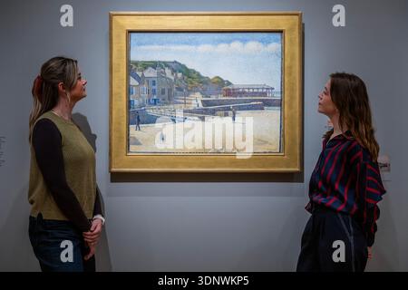 London, Großbritannien. Februar 2026. Port-en-Bessin, 1888 vom Minneapolis Institute of Art, William Hood Dunwoody Fund - The Griffin Catalyst Exhibition: Seurat and the Sea at the Courtauld. Es ist die erste Ausstellung, die den Meereslandschaften des neo-impressionistischen Malers Georges Seurat gewidmet ist. Es vereint 25 Gemälde, Ölskizzen und Zeichnungen, die Seurat während der fünf Sommer, die er an der Nordküste Frankreichs zwischen 1885 und 1890 verbrachte, schuf. Arbeiten in Hafenstädten am Ärmelkanal. Die Eröffnung erfolgt am 13. Februar 2026. Guy Bell/Alamy Live News Stockfoto