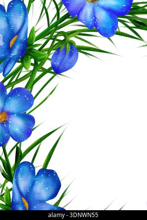 Rechteckiger Rahmen mit Leberblüte, Leberkraut, Blumenpflanze, blühende Leberblüte mit grünen Blättern. Digitales Aquarell Stockfoto