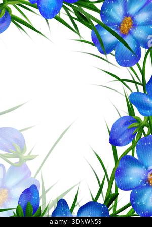 Rechteckiger Rahmen mit Leberblüte, Leberkraut, Blumenpflanze, blühende Leberblüte mit grünen Blättern. Digitales Aquarell Stockfoto