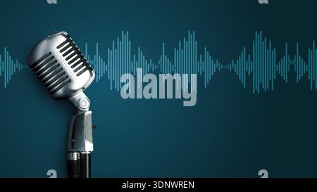 Podcast-Aufnahmeeinrichtung mit Mikrofon- und Tonwellendesign im Hintergrund Stockfoto