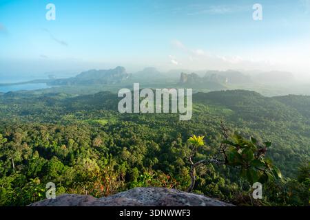 Weitläufige Aussicht vom Dragon’s Crest Wanderweg in Krabi, Thailand, mit üppig grünen Regenwäldern, sanften Hügeln und weit entfernten Gipfeln. Stockfoto