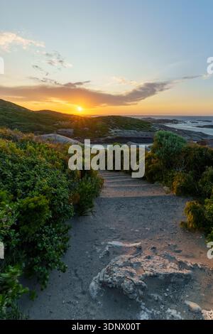 Ein Blick auf den Sonnenaufgang mit Blick auf einen sandigen Pfad umgeben von Küstenvegetation, der zu Granitfelsen und dem Meer in der Nähe von Elephant Rocks führt. Stockfoto